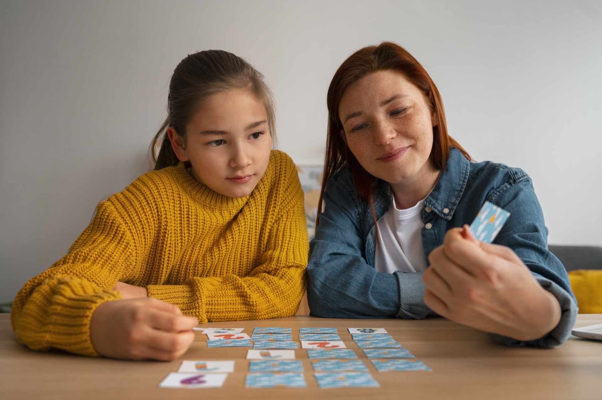 Medium Shot Woman Girl Playing Memory Game